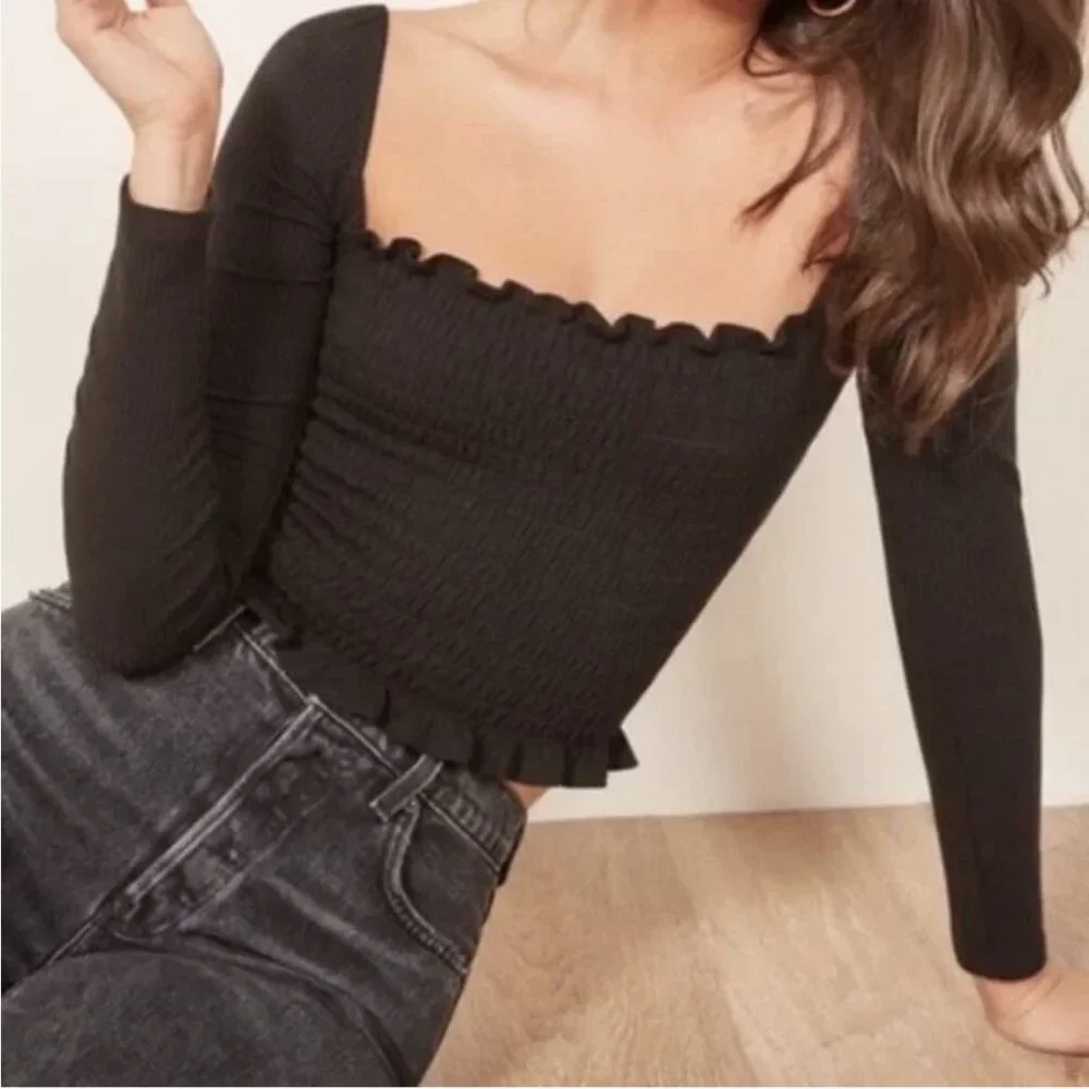 Reformation Black Smocked Long-Sleeve Square Neck Top